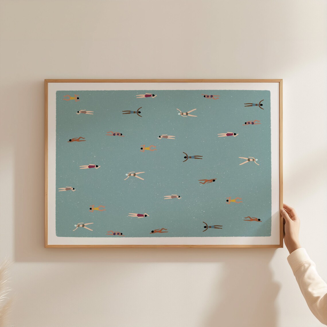 Tiny Women Swimming In Pool, Minimalist Pool Art