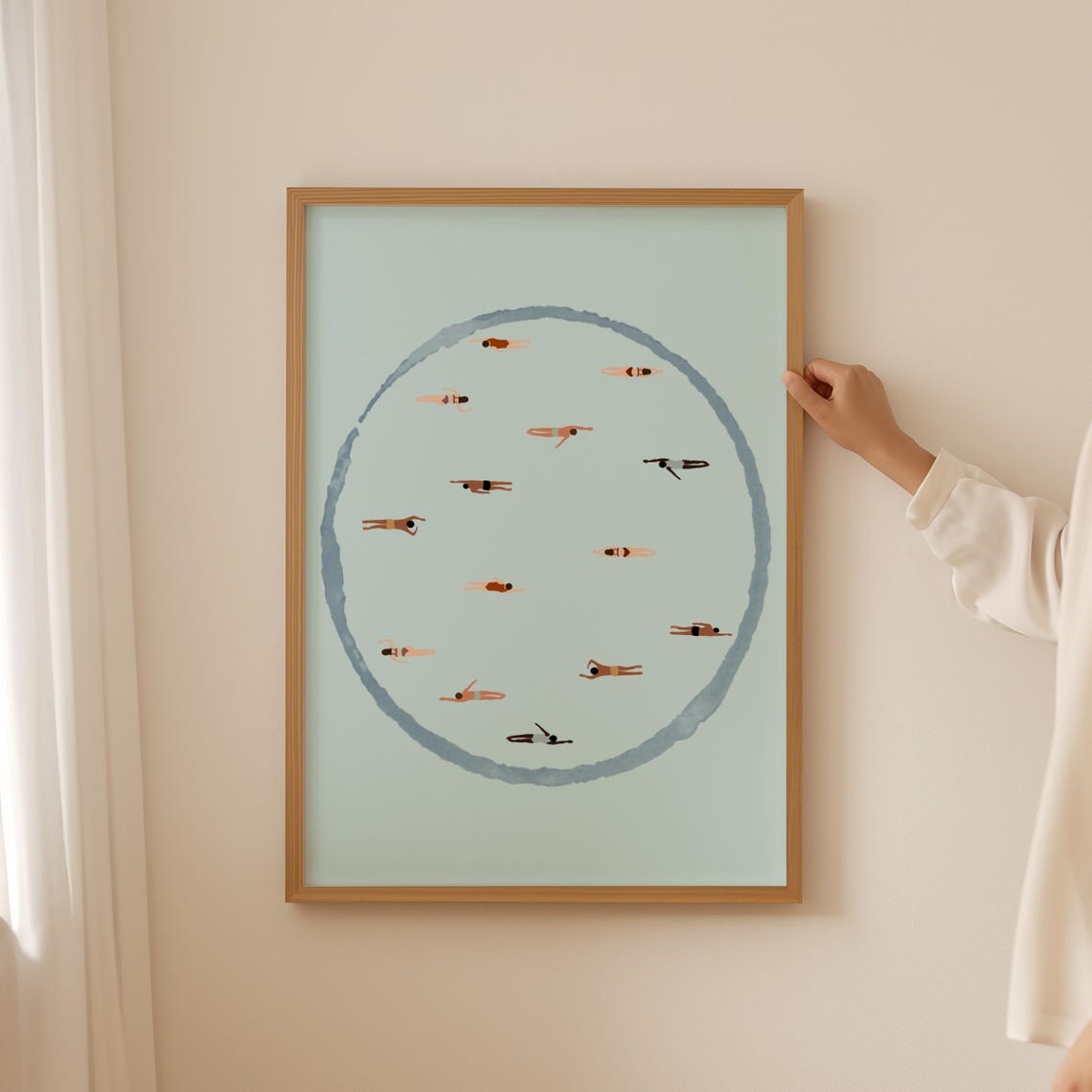 Tiny Swimmers Circle Minimalist Blue Water People Art Poster