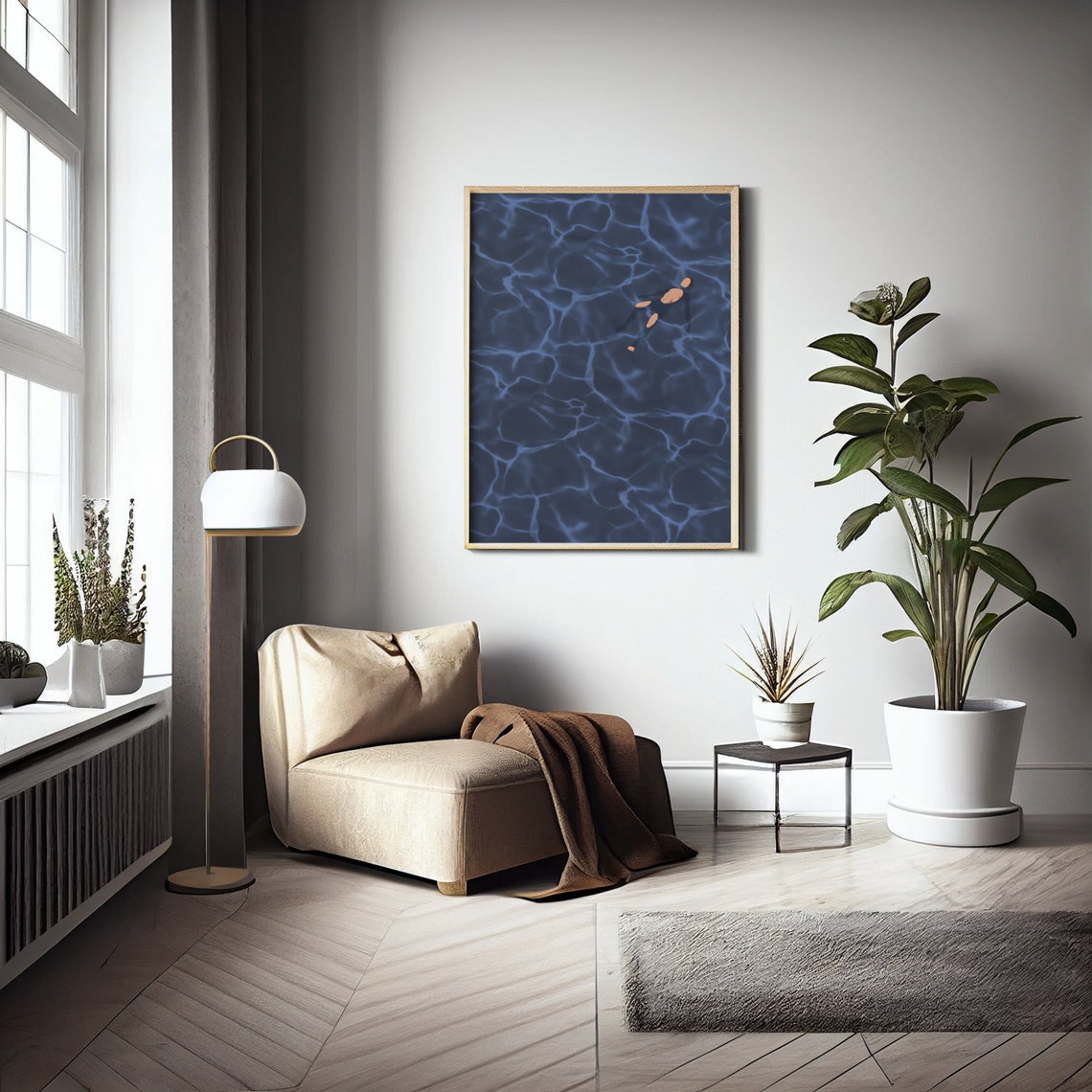 Lone Swimmer Floating in Dark Navy Rippling Water Minimalist Poster - Image 3