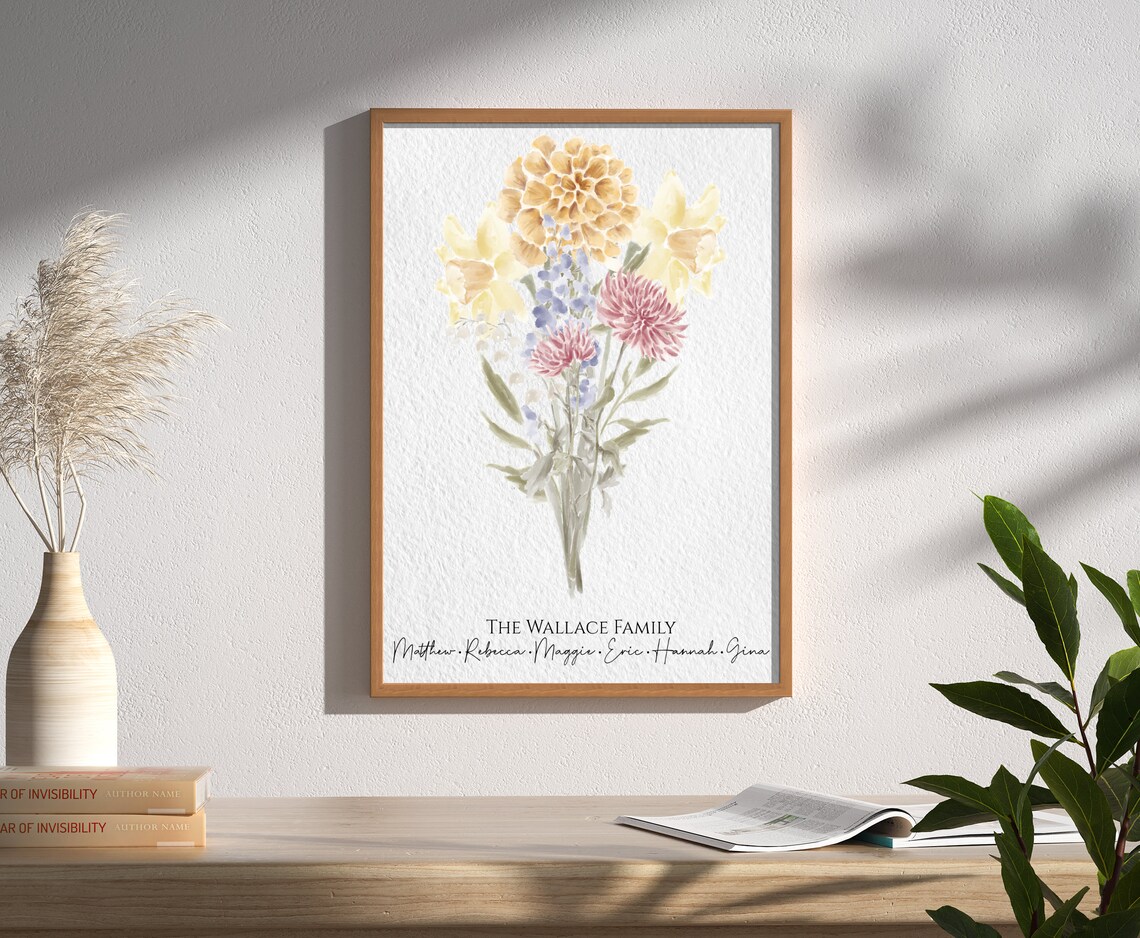 Family Birth Flower Bouquet, Watercolor Custom Gift - Image 2
