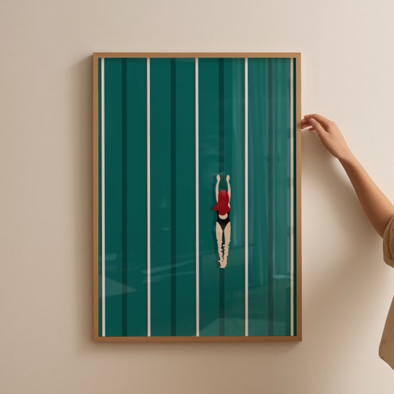 Woman Diving Into Emerald Green Pool Retro Swim Minimalist Poster