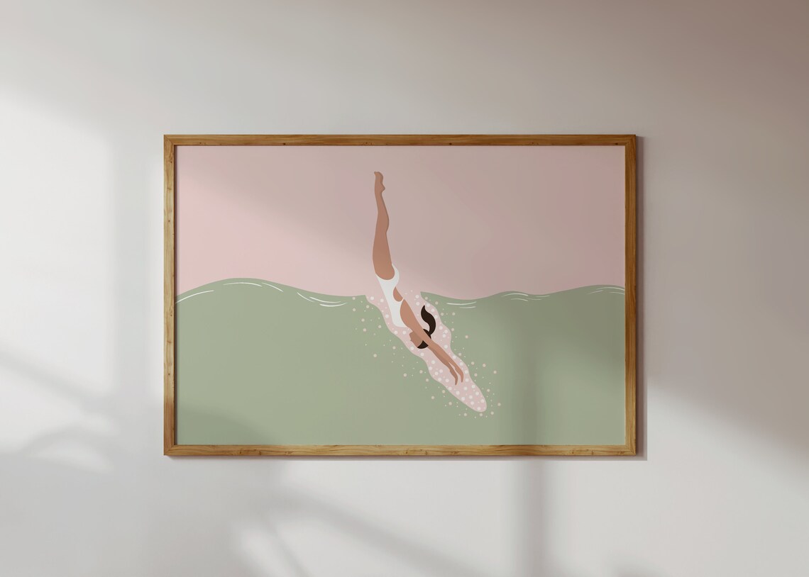 Retro Swimmer Diving Art Print, Vintage Pool Decor