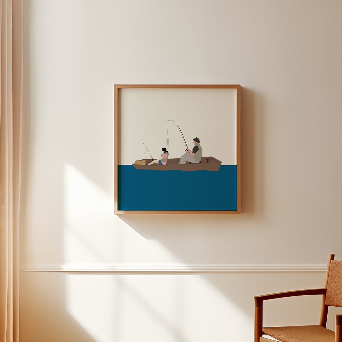 Father Child Fishing Boat Day Minimalist Lake Scene Art Poster - Image 4