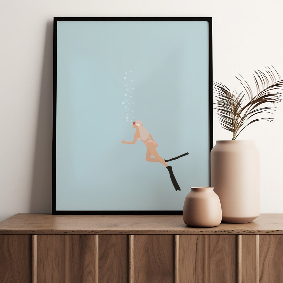 Woman Freediving Deep Blue Water Minimalist Ocean Swimmer Art Poster - Image 2