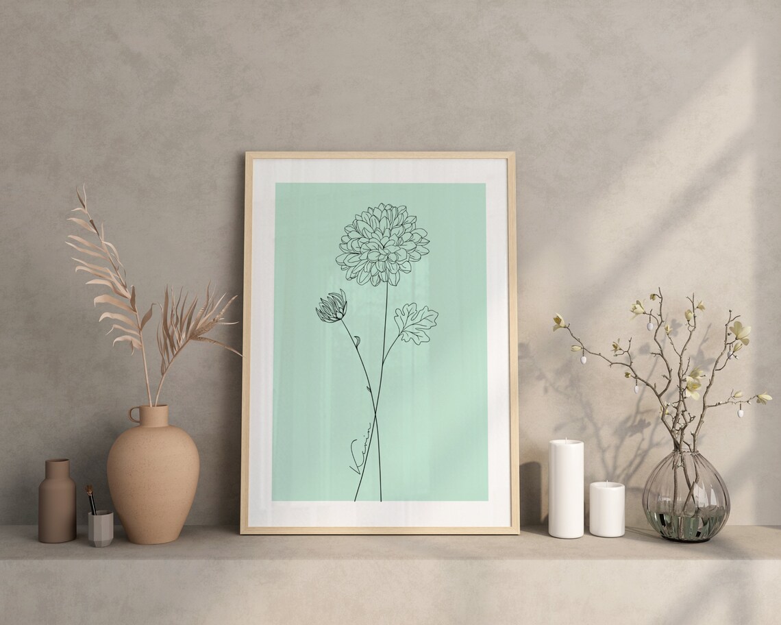 Charlotte Personalized Dandelion Line Art Mint Green Minimalist Poster - Image 2