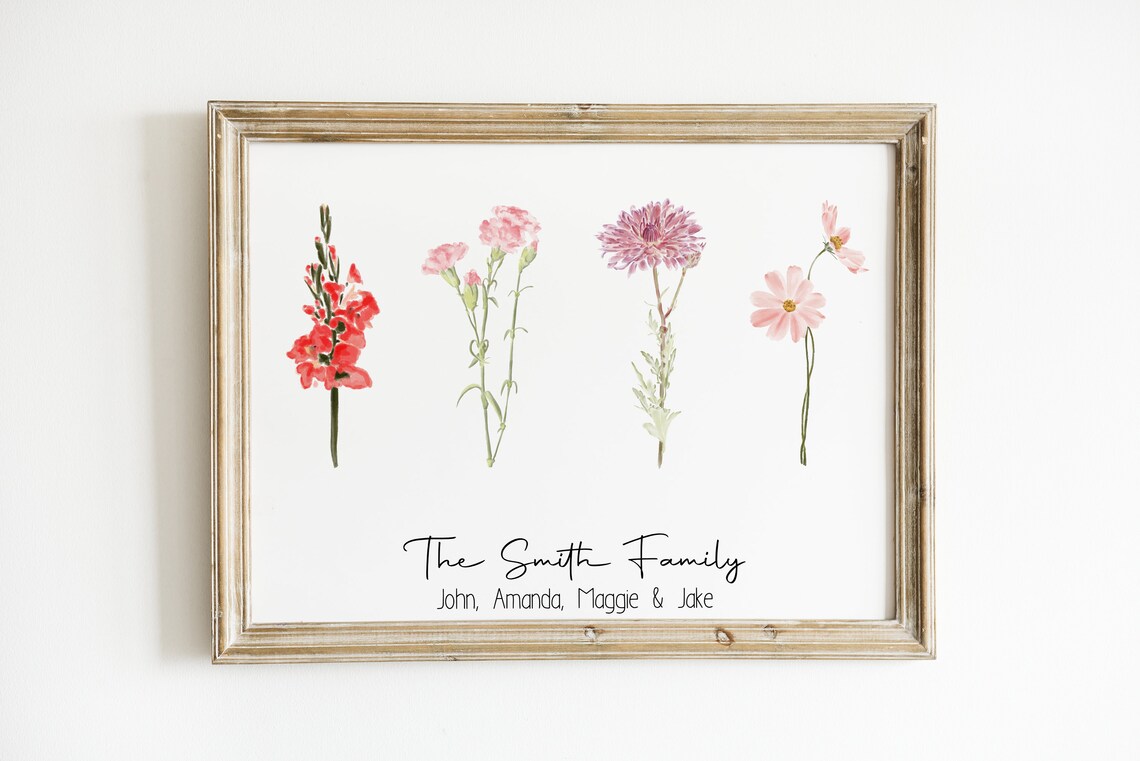 Personalized Family Birth Flower Watercolor Custom Name Art Poster