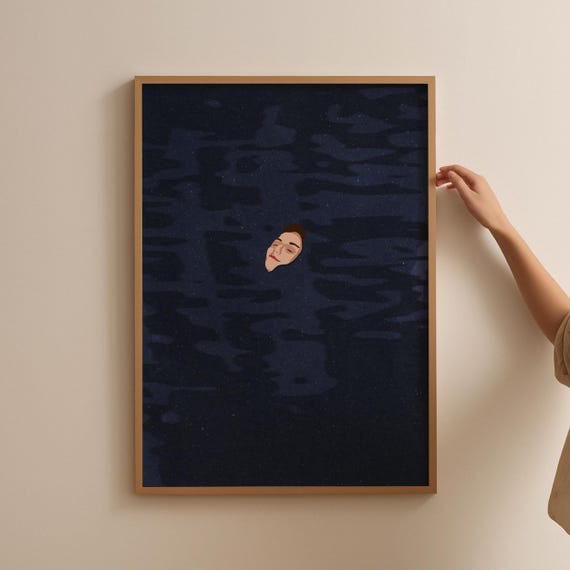 Woman Floating Dark Water Moody Night Swim Minimalist Art Poster