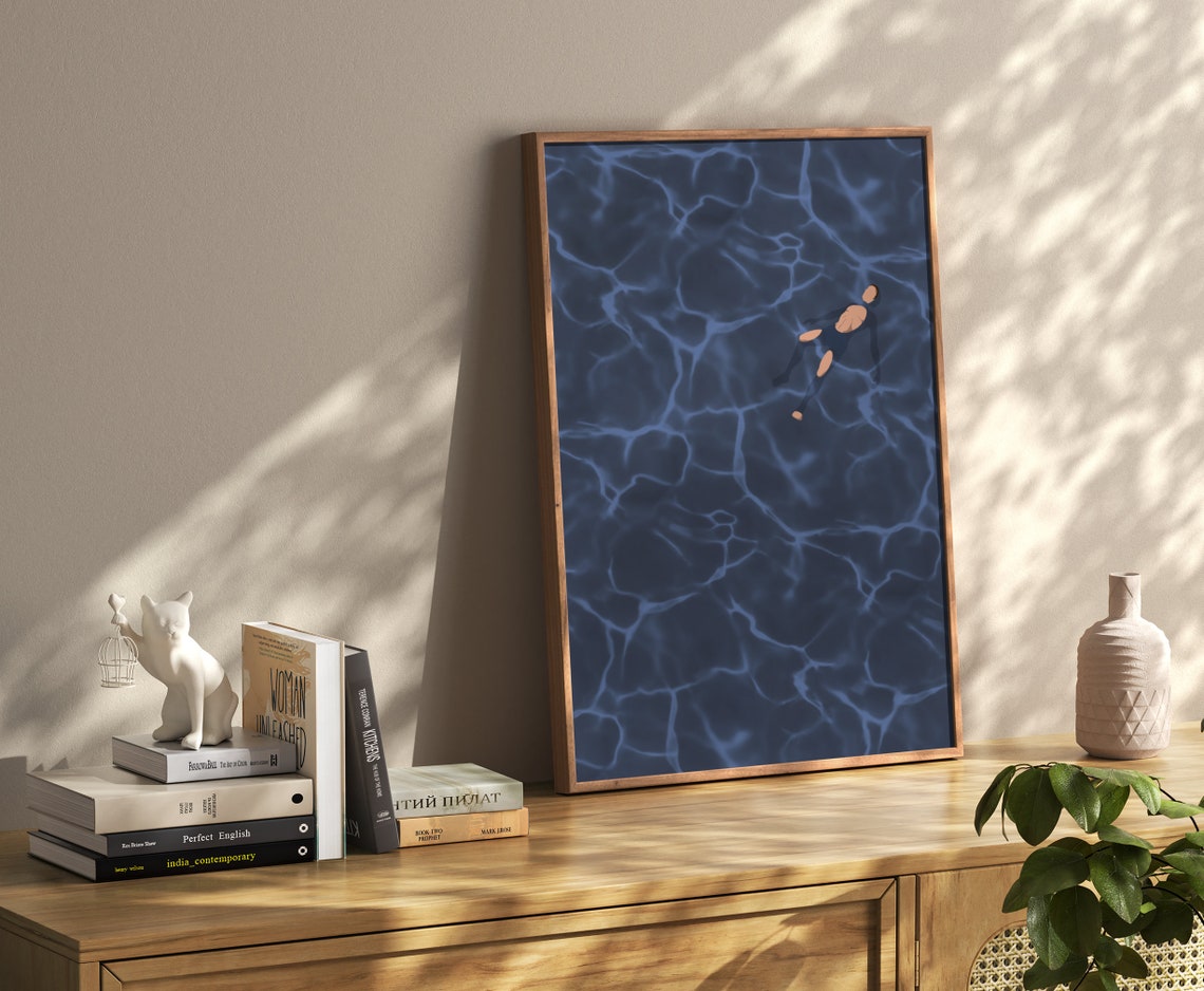Lone Swimmer Floating in Dark Navy Rippling Water Minimalist Poster - Image 4