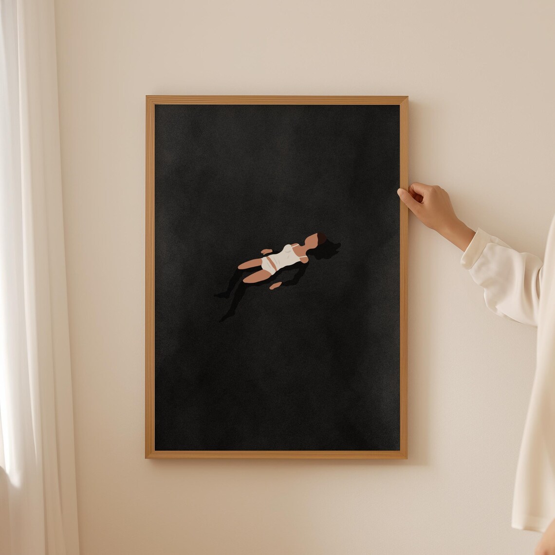 Woman Floating in Black Water, Minimalist Art Print