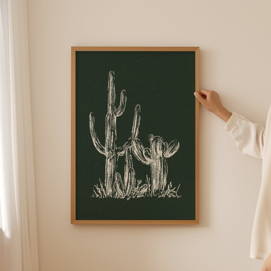 White Saguaro Cactus Line Art Dark Green Southwest Desert Poster