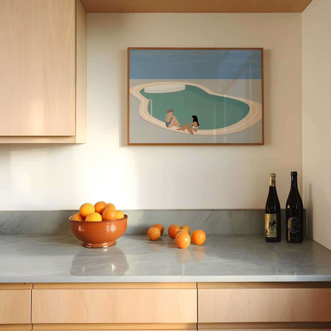 Two Women Sitting at Pool Edge Summer Friendship Minimalist Poster - Image 2