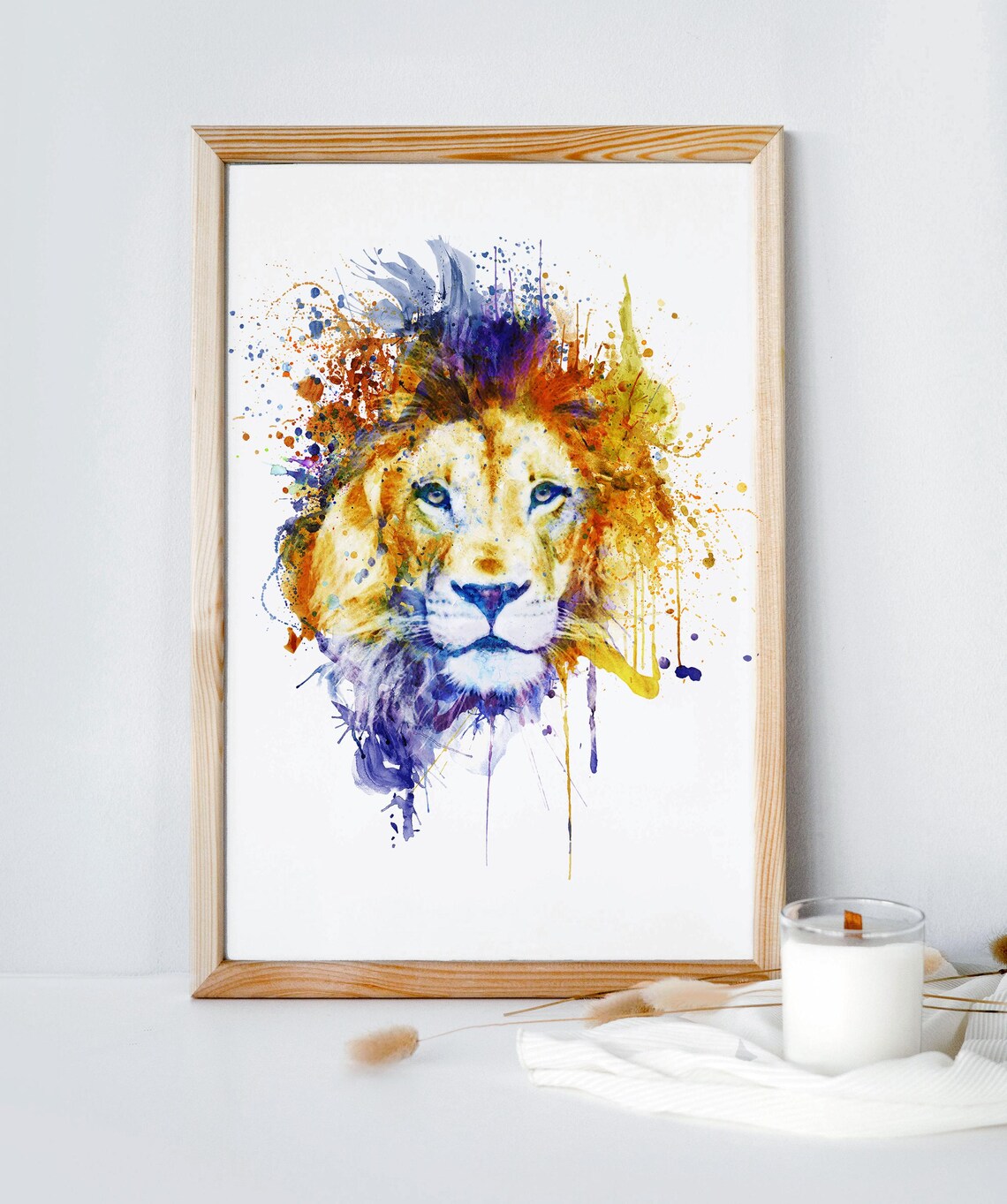Bold Colorful Lion Watercolor Wildlife Splash Portrait Print