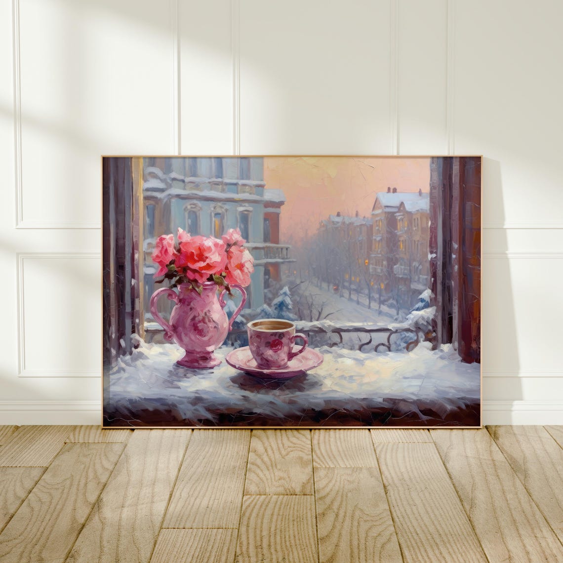 Pink Roses And Tea Cup Snowy Window View Winter Wall Art Poster - Image 4
