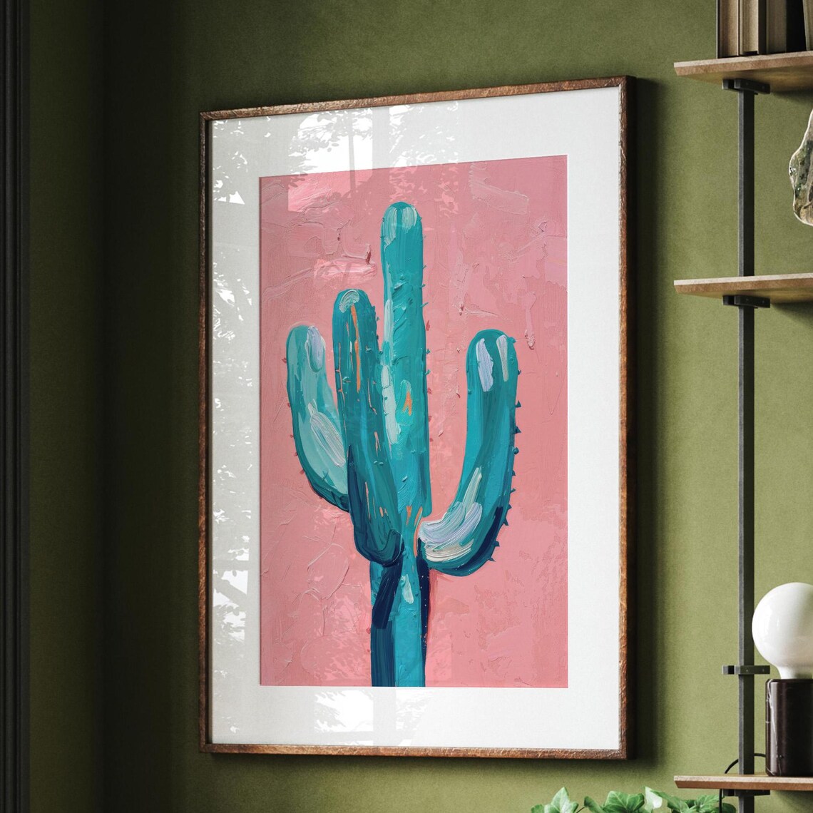 Teal Saguaro Cactus Pink Desert Background Oil Painting Poster - Image 6