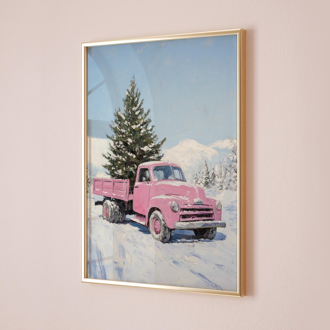 Pink Vintage Truck Hauling Christmas Tree Snowy Wall Art Poster - Image 4