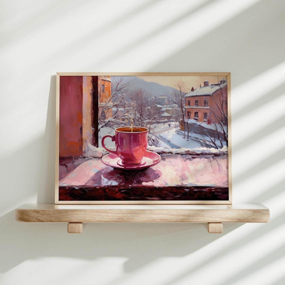 Pink Coffee Cup Snowy Window View Winter Village Morning Art Poster