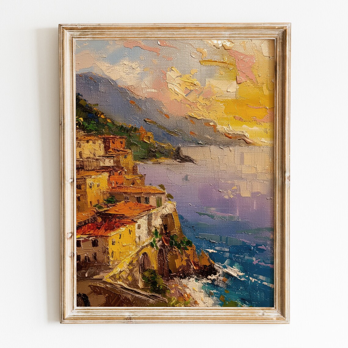 Amalfi Coast Cliffside Village Sunset Oil Painting Wall Art Print
