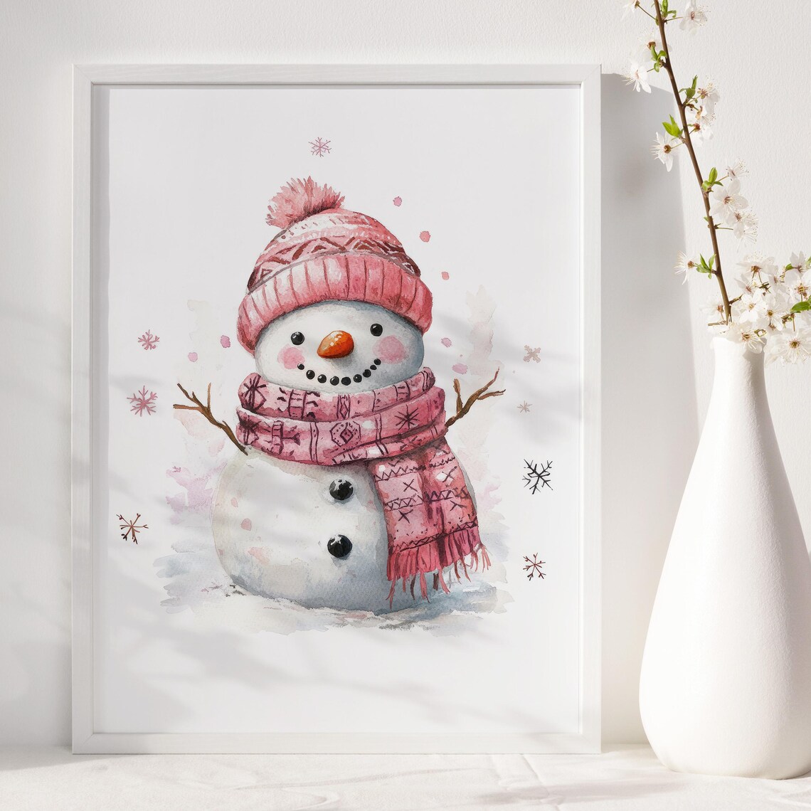 Cute Pink Snowman Watercolor Winter Christmas Wall Art Poster
