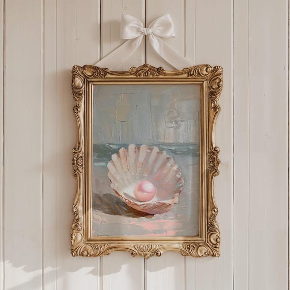 Pink Pearl in Oyster Poster, Coastal Summer Decor