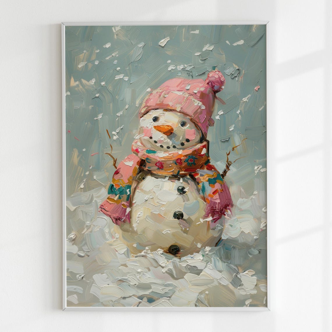 Cheerful Snowman Pink Hat Colorful Scarf Snowy Wall Art Poster - Image 4