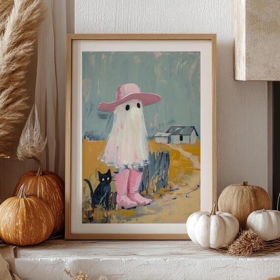 Cowgirl Ghost With Black Cat Farmhouse Halloween Wall Art Poster