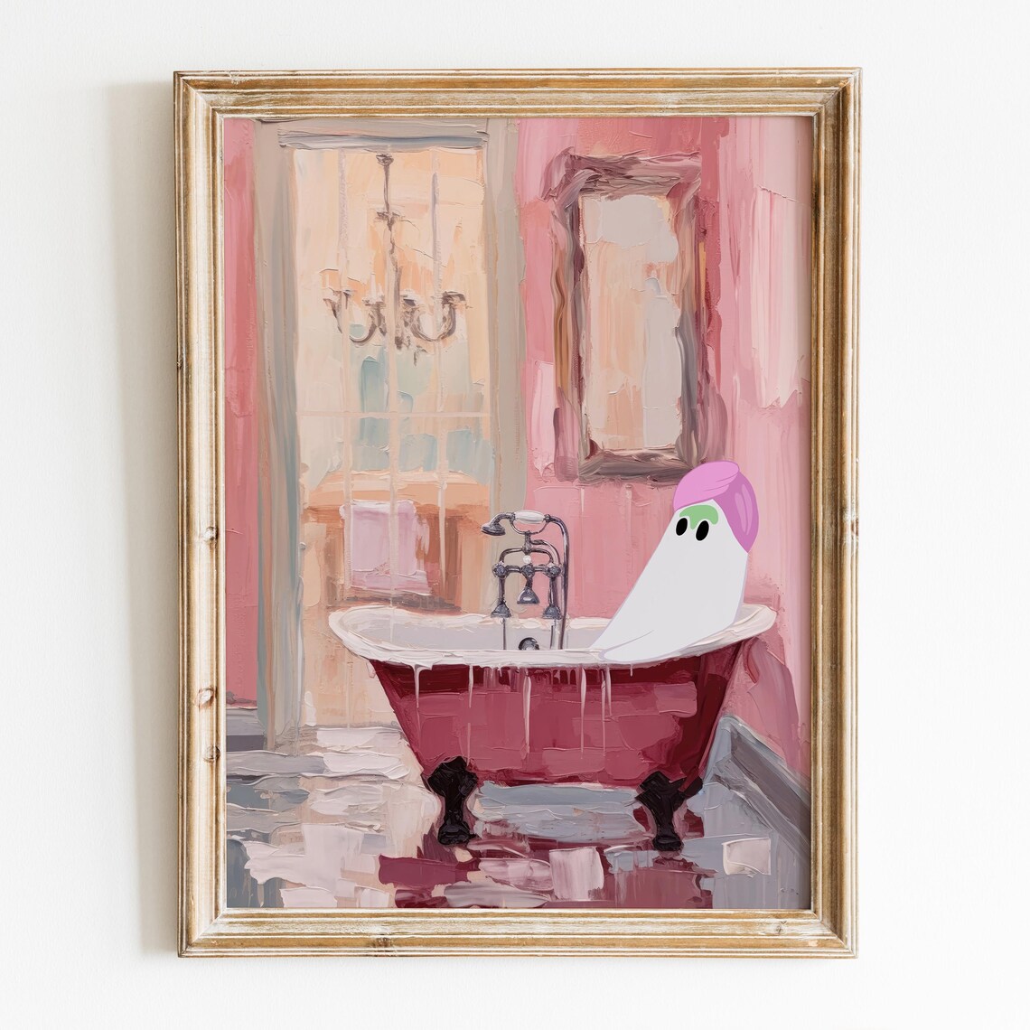 Cute Ghost Pink Shower Cap Bathtub Spooky Bathroom Halloween Wall Poster