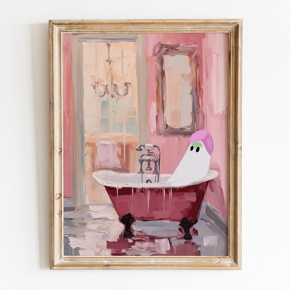 Preppy Ghost In Bathroom Girly Wall Art Preppy Halloween Decor Cute Ghost Poster Trendy Pink Bathroom Wall Art