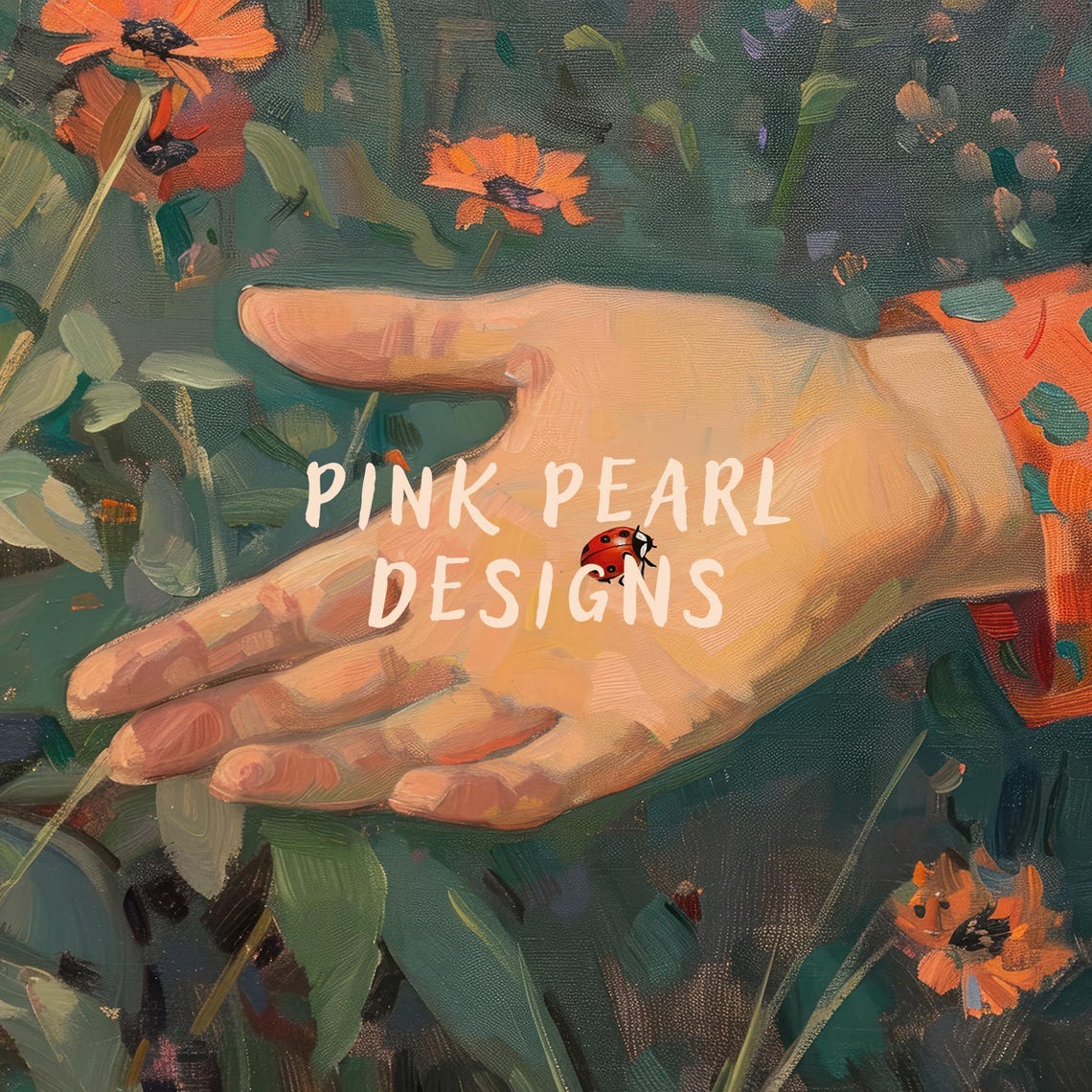 Red Ladybug Resting on Hand Wildflower Garden Spring Oil Art Print - Image 6