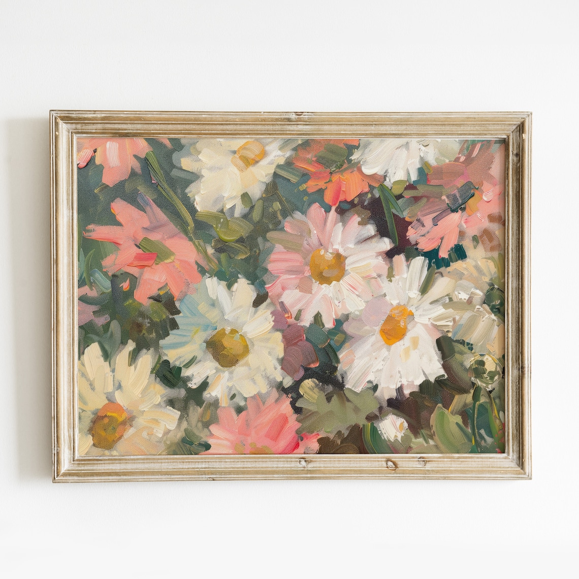 White Pink Daisy Flowers Impressionist Garden Oil Painting Poster