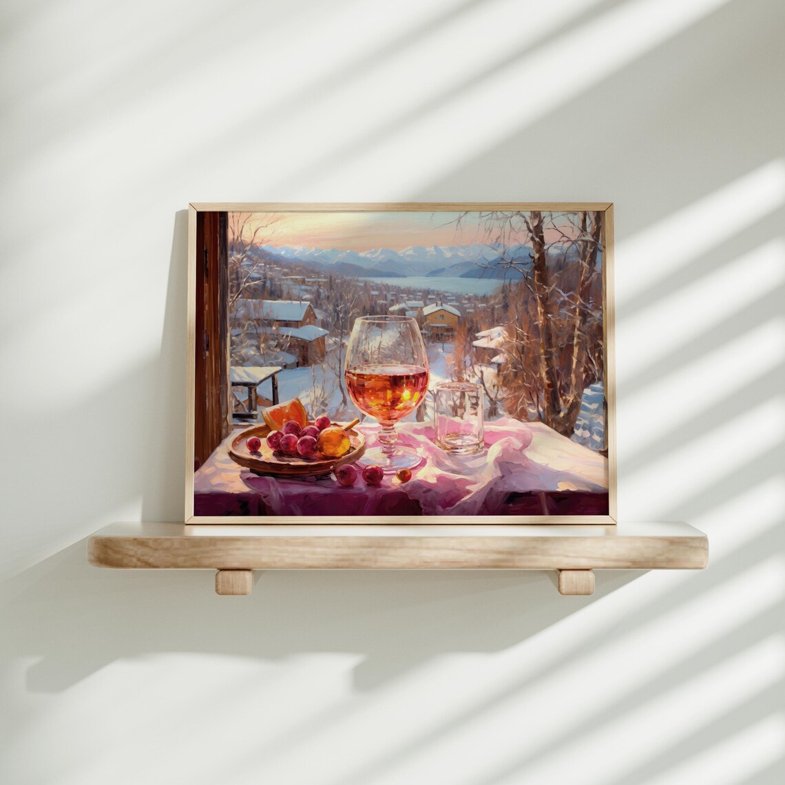 Mulled Wine Glass Over Alpine Lake Village Sunset Art Poster - Image 3