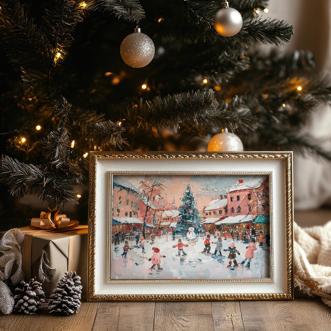 Children Ice Skating Town Square Christmas Tree Holiday Poster - Image 5