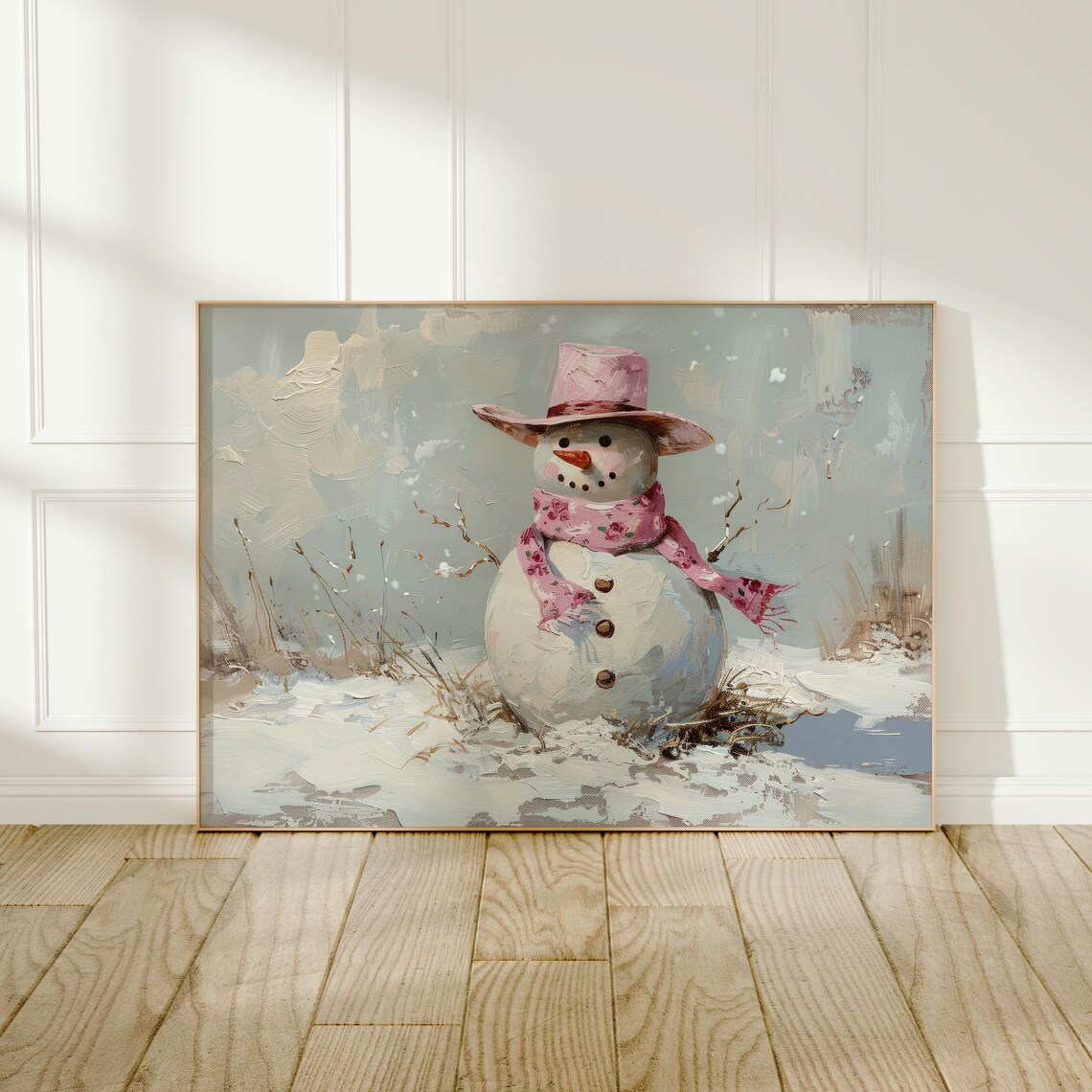 Snowman With Pink Cowboy Hat Scarf Winter Western Art Poster - Image 4