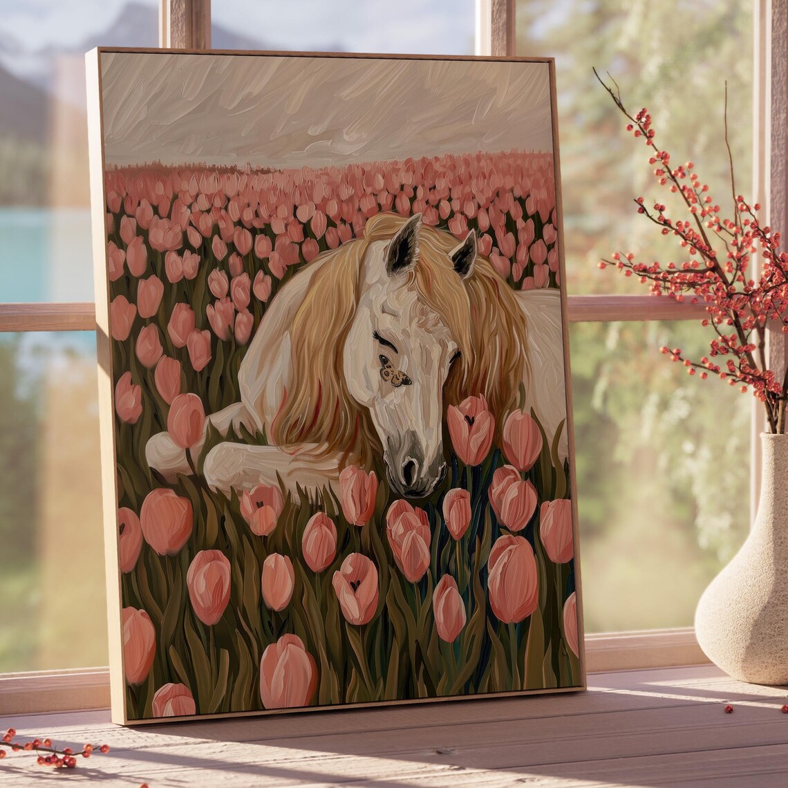Cute Horse Among Pink Tulips, Trendy Spring Poster - Image 4