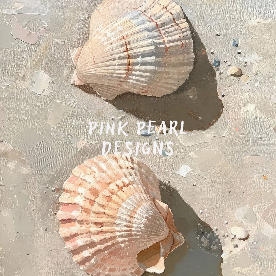 Two Blush Scallop Seashells Sand Coastal Painting Wall Art Print - Image 8