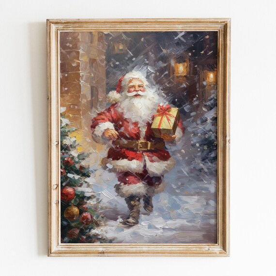 Santa Claus Christmas Wall Art Vintage Christmas Room Decor Moody Holiday Poster Girly Santa Winter Painting