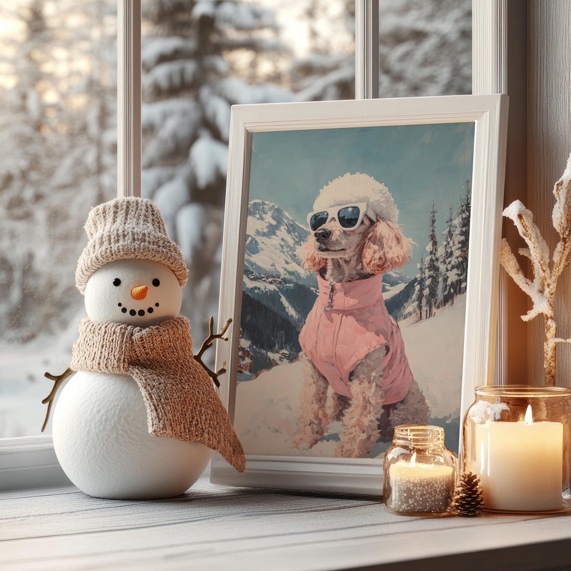 Cool Poodle In Sunglasses Pink Ski Jacket Mountain Art Poster - Image 3