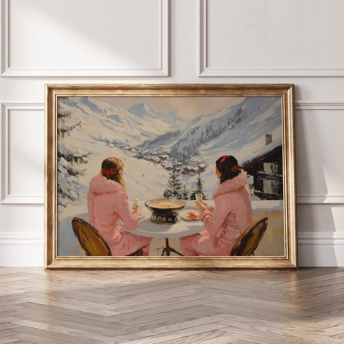 Two Friends Sharing Fondue Overlooking Alpine Valley Ski Poster - Image 5