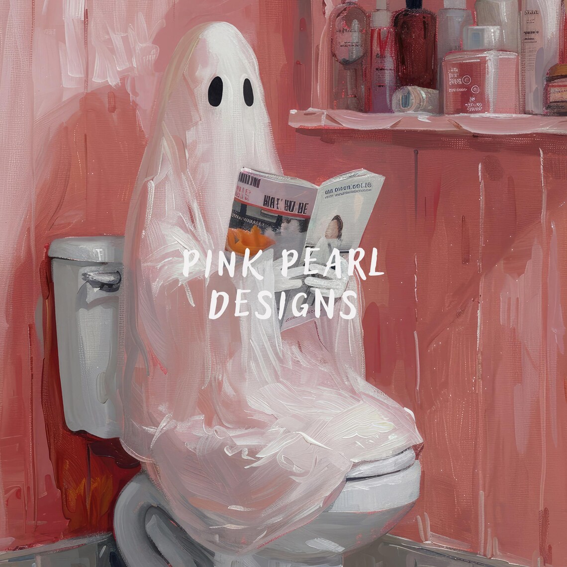 Funny Ghost On Toilet Reading Newspaper Pink Bathroom Halloween Wall Poster - Image 6
