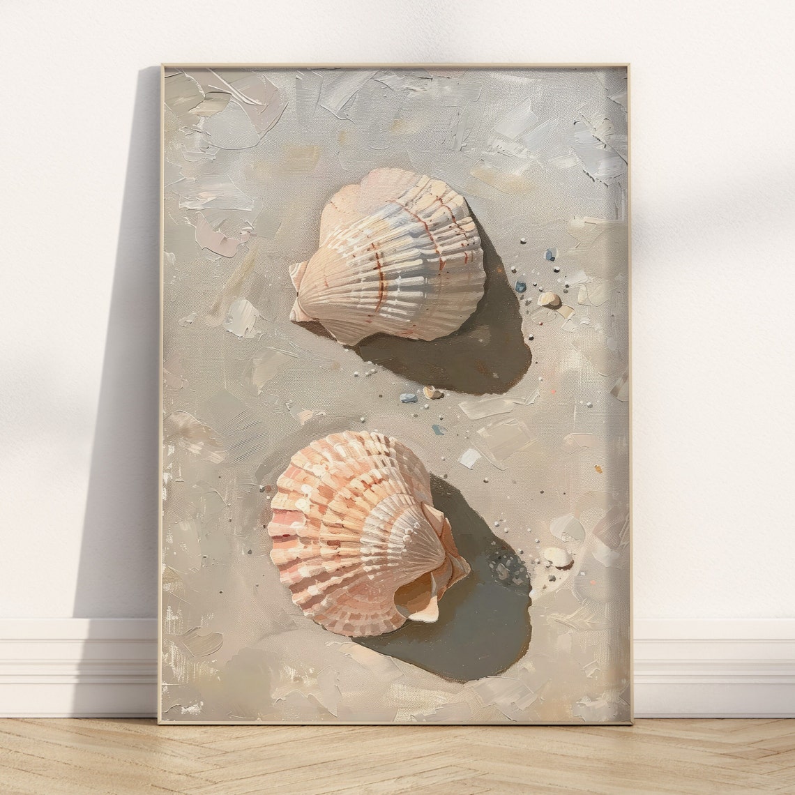 Two Blush Scallop Seashells Sand Coastal Painting Wall Art Print - Image 7