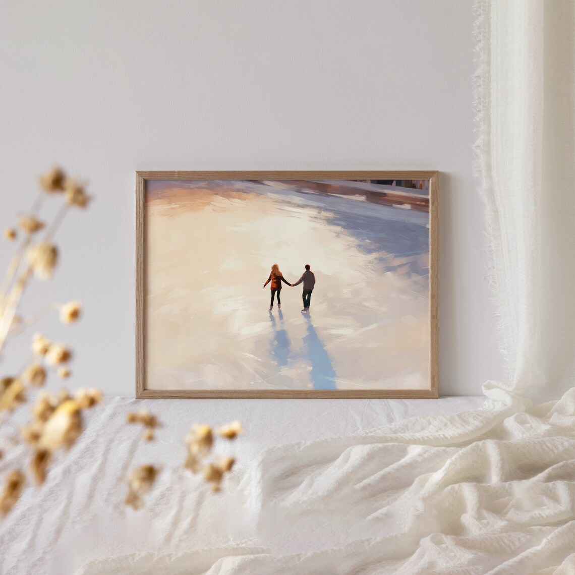 Romantic Couple Ice Skating Golden Sunset Winter Painting Wall Art - Image 6