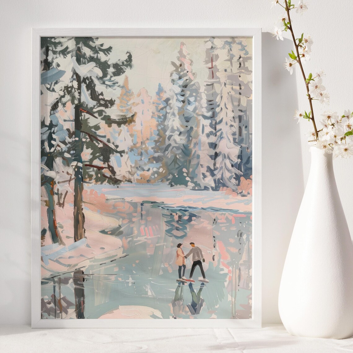 Couple Ice Skating Frozen Lake Snowy Forest Winter Art Poster - Image 6