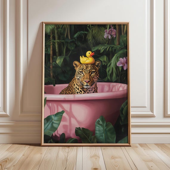 Leopard Rubber Duck Poster Jungle Wall Art Animal Bathroom In Bathtub Print Pink Prints Optional Frame
