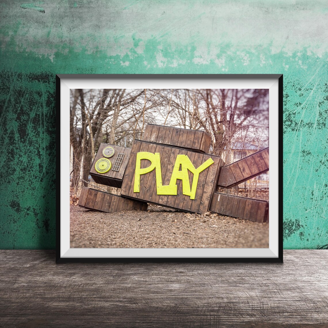 PLAY Wooden Robot Playground Sculpture in a Park Photography Poster
