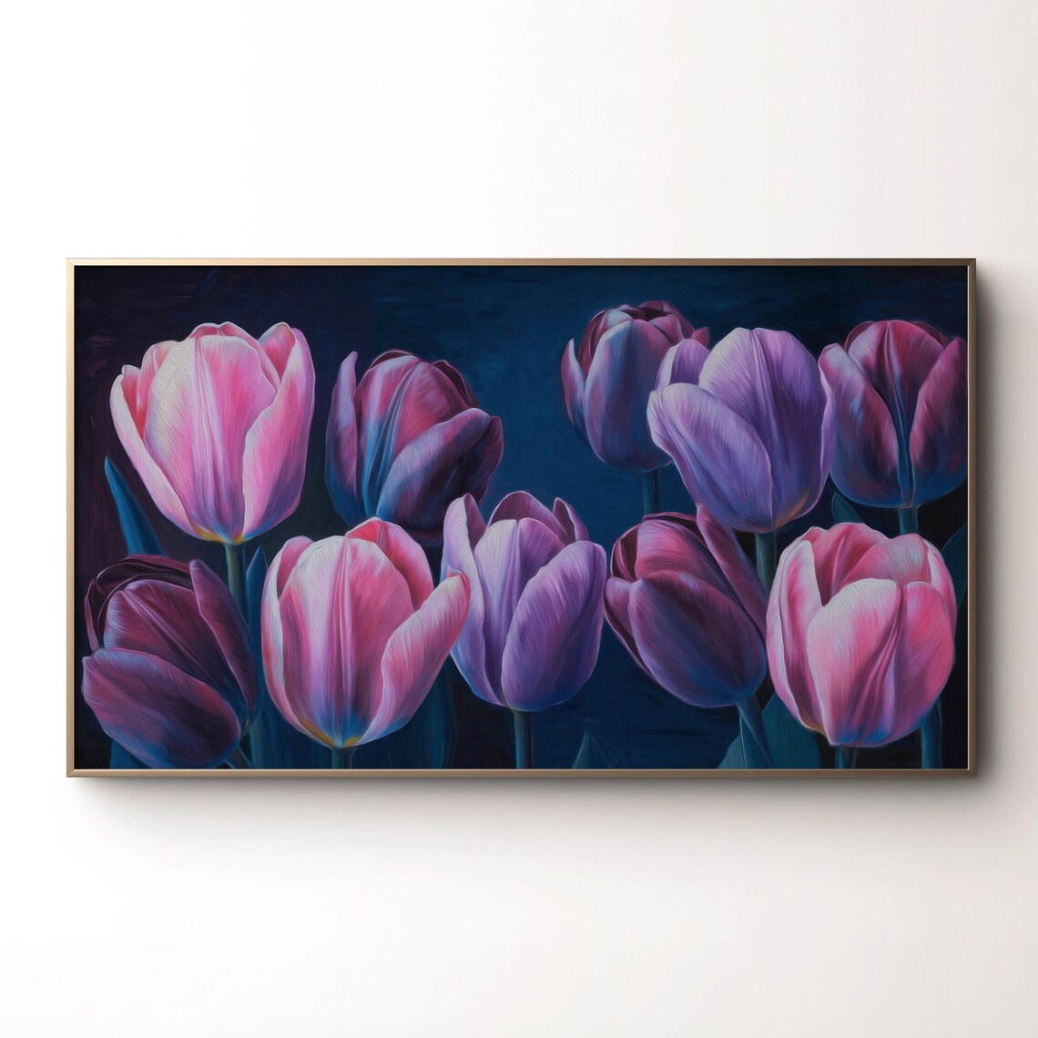 Pink Purple Tulips Dark Navy Background Moody Floral Art Poster