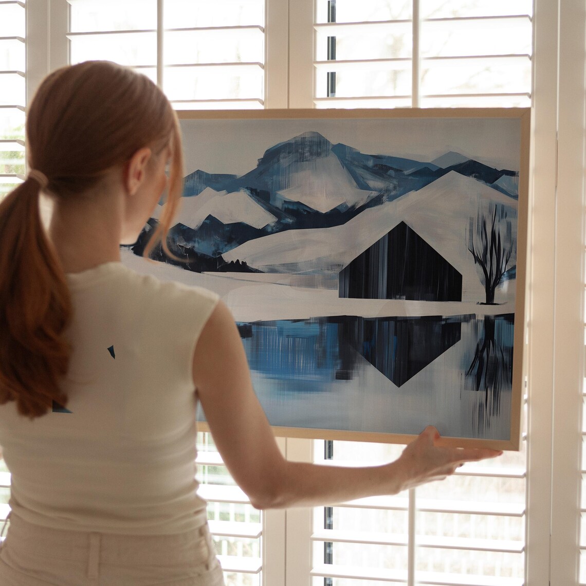 Modern Abstract Winter Landscape, Snowy Mountains and Cabin - Image 6