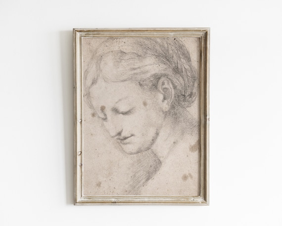 Antique Silverpoint Study of a Bowed Female Head Vintage Sketch Poster