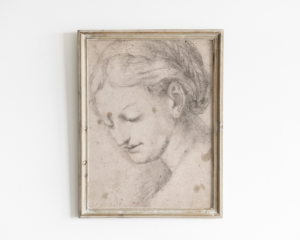 Antique Silverpoint Study of a Bowed Female Head Vintage Sketch Poster