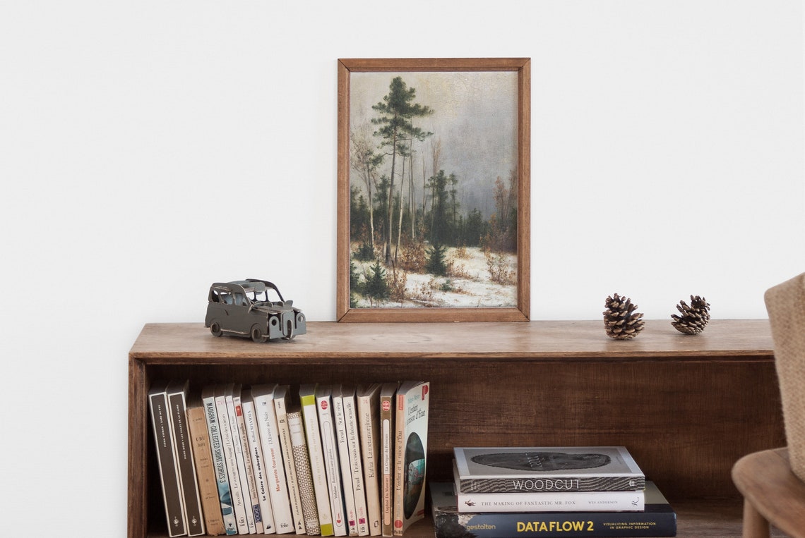 Rustic Pine Tree Print Snowy Forest Landscape Painting Winter Evergreen Art Print Vintage Art - Image 2