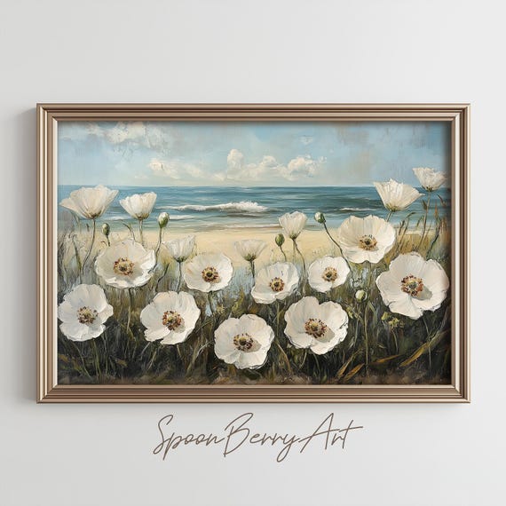 White Beach Flower Painting Vintage Flowers Wall Print Flower Print Wall Decor Floral Wall Art Moody Oil Painting Art