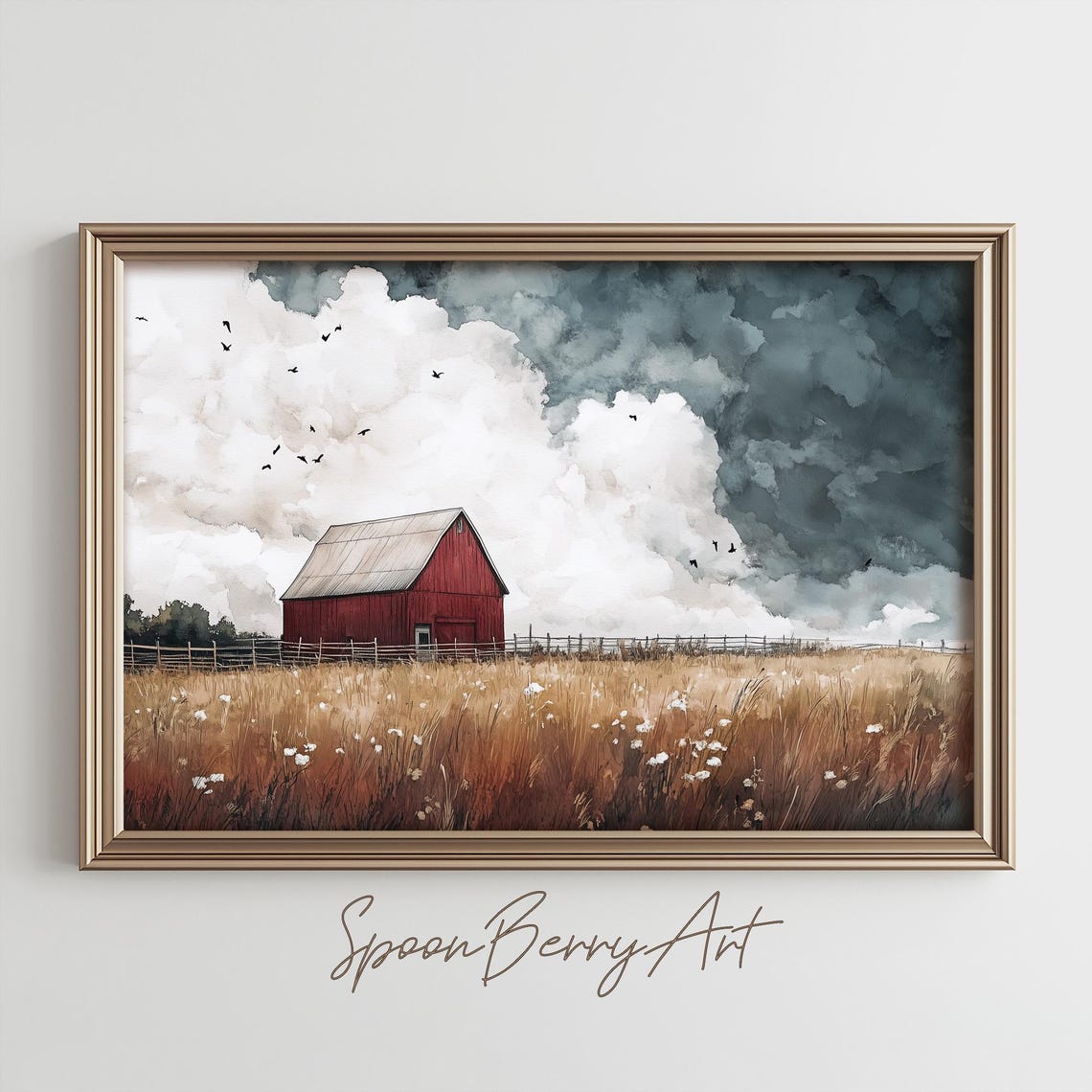 Red Barn In Wheat Field Under Dramatic Storm Cloud Sky Poster